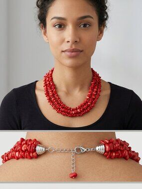 Beautiful Three Strand Red Coral Oyster Shell Chip Necklace.